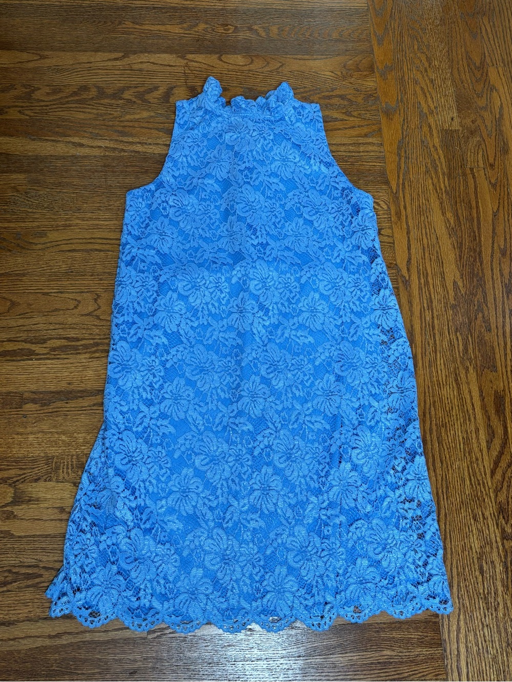 Anne Klein Light Blue Floral Lace High-Neck Mini Dress